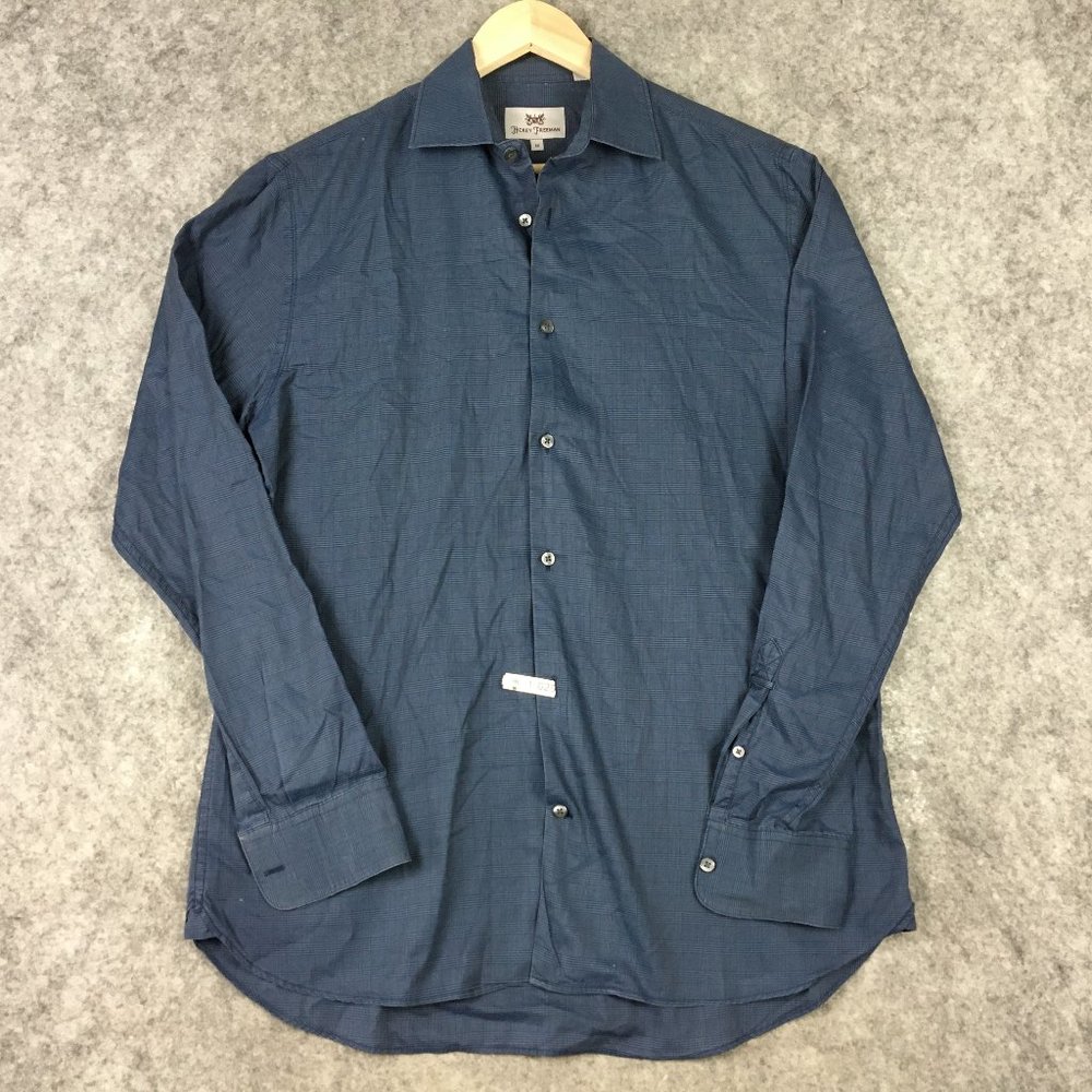 Hickey Freeman Dress Shirt M Long Sleeve Button Down Blue Plaid Check 100 Cotton